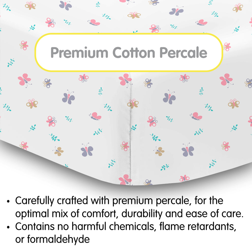 Material Description for BreathableBaby Cotton Percale Fitted Sheet for Crib & Toddler Bed Mattresses in Butterflies