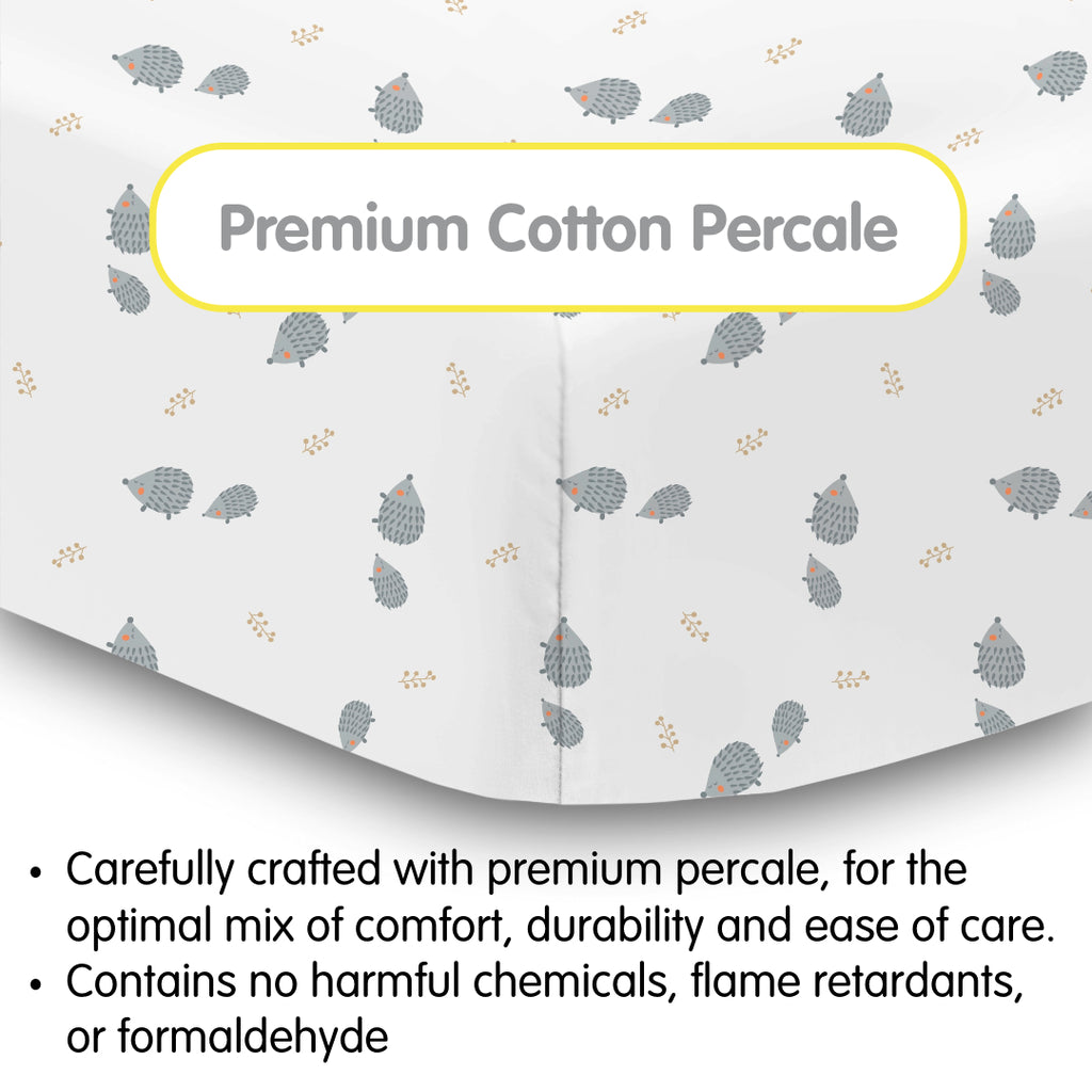 Material Description for BreathableBaby Cotton Percale Fitted Sheet for Crib & Toddler Bed Mattresses in Hedgehogs