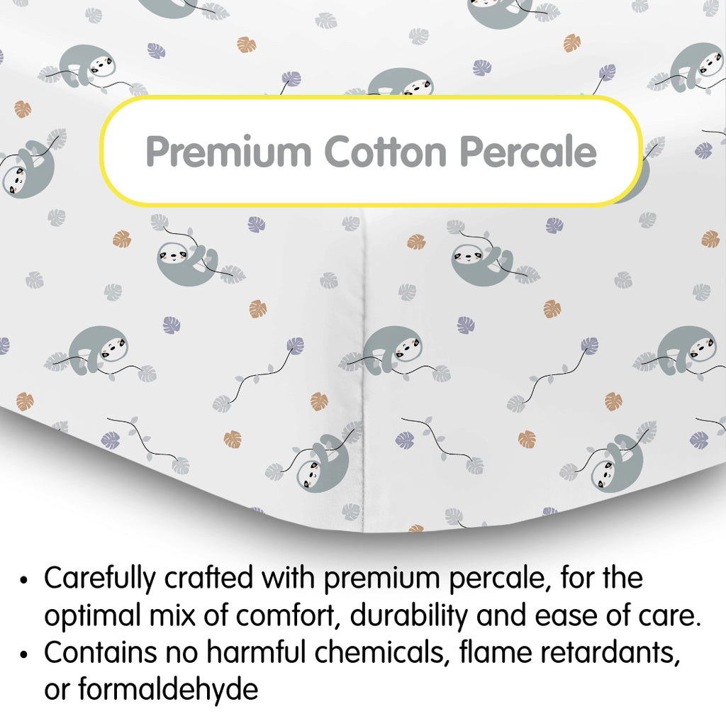 Material Description for BreathableBaby Cotton Percale Fitted Sheet for Crib & Toddler Bed Mattresses in Sloths