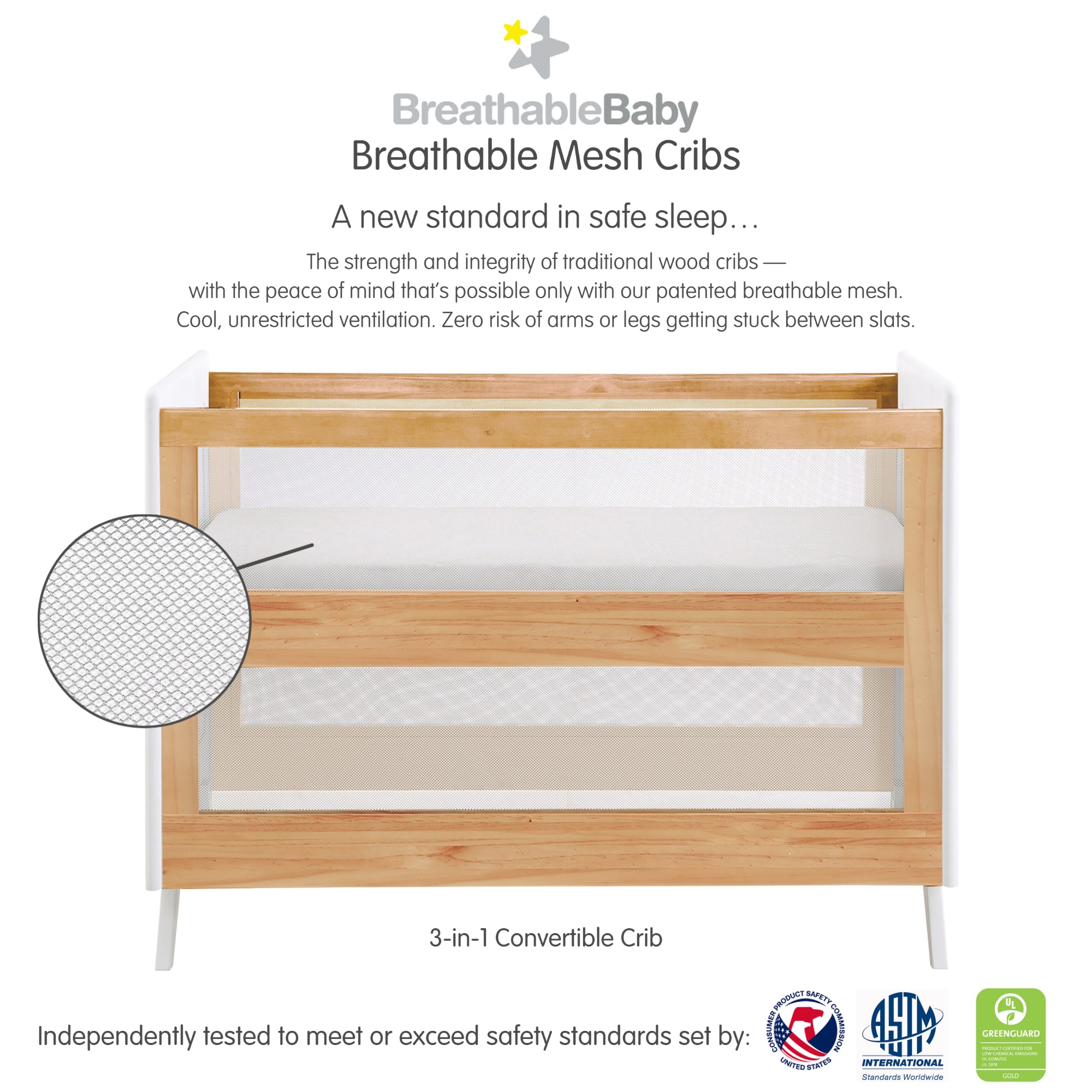 Breathable™ Mesh 3-in-1 Convertible Crib — Beech & White — Greenguard ...