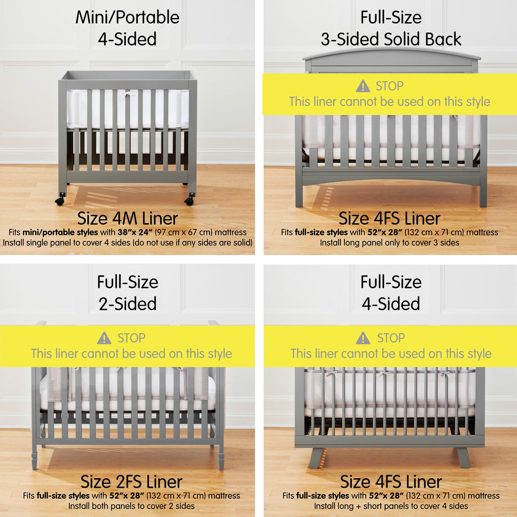 Depiction of which crib size and style the BreathableBaby Breathable Mesh Crib Liner for Mini/Portable Cribs will fit