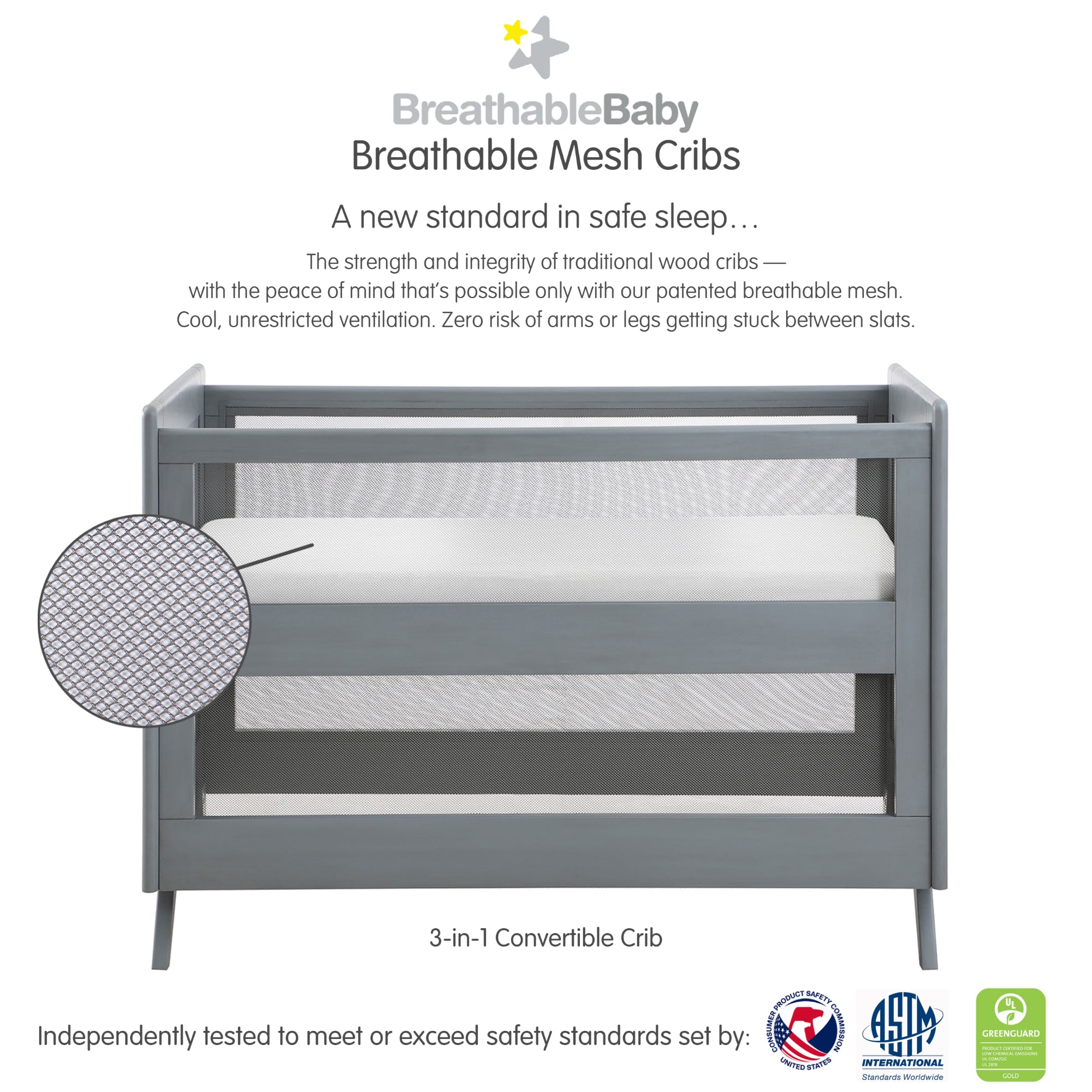 Breathable™ Mesh 3-in-1 Convertible Crib — Gray — Greenguard Gold Certified
