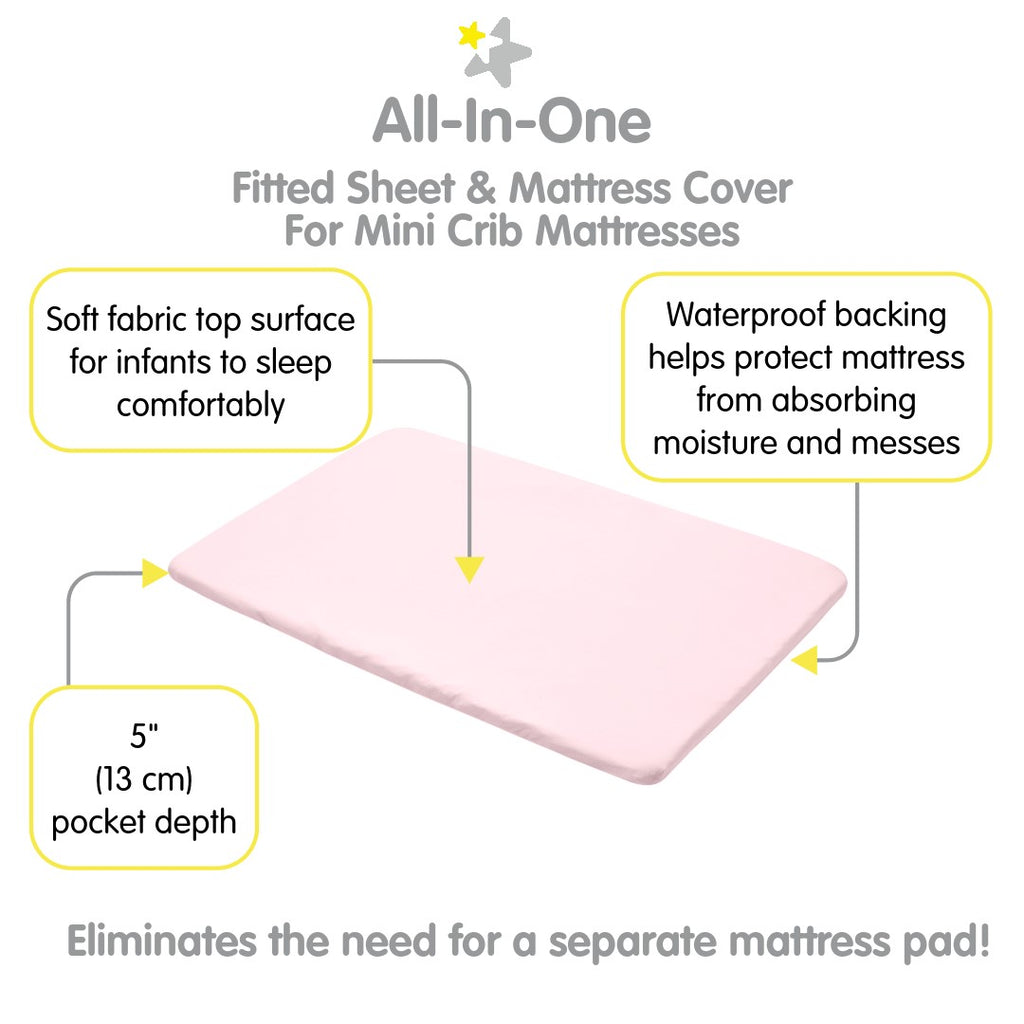 Full view of BreathableBaby All-in-One Fitted Sheet & Waterproof Cover for Mini Crib Mattresses in Light Pink with Description of Surface and Backing