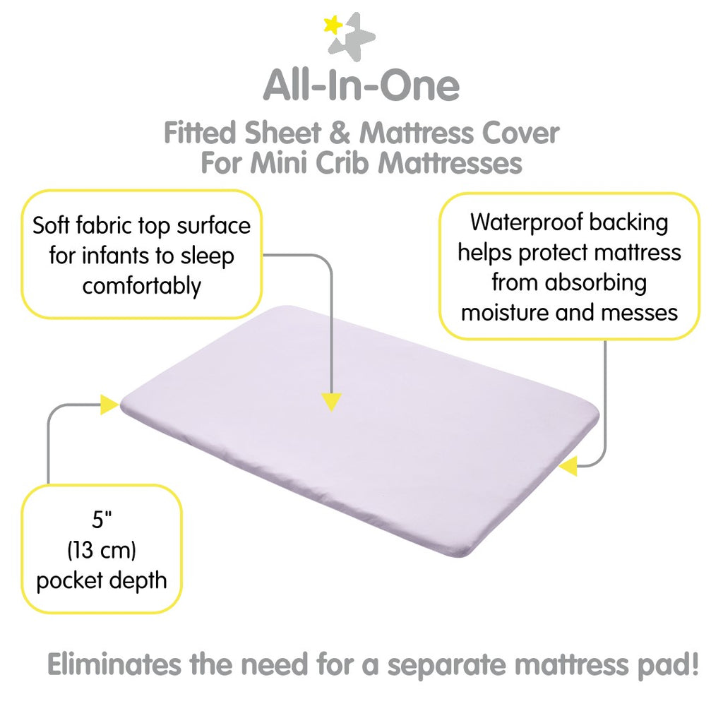 Full view of BreathableBaby All-in-One Fitted Sheet & Waterproof Cover for Mini Crib Mattresses in Lavender with Description of Surface and Backing