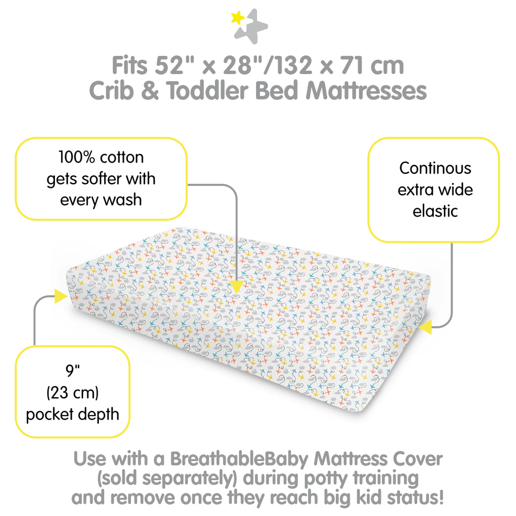 Full view of BreathableBaby Cotton Percale Fitted Sheet for Crib & Toddler Bed Mattresses in Airplanes with Fit Description