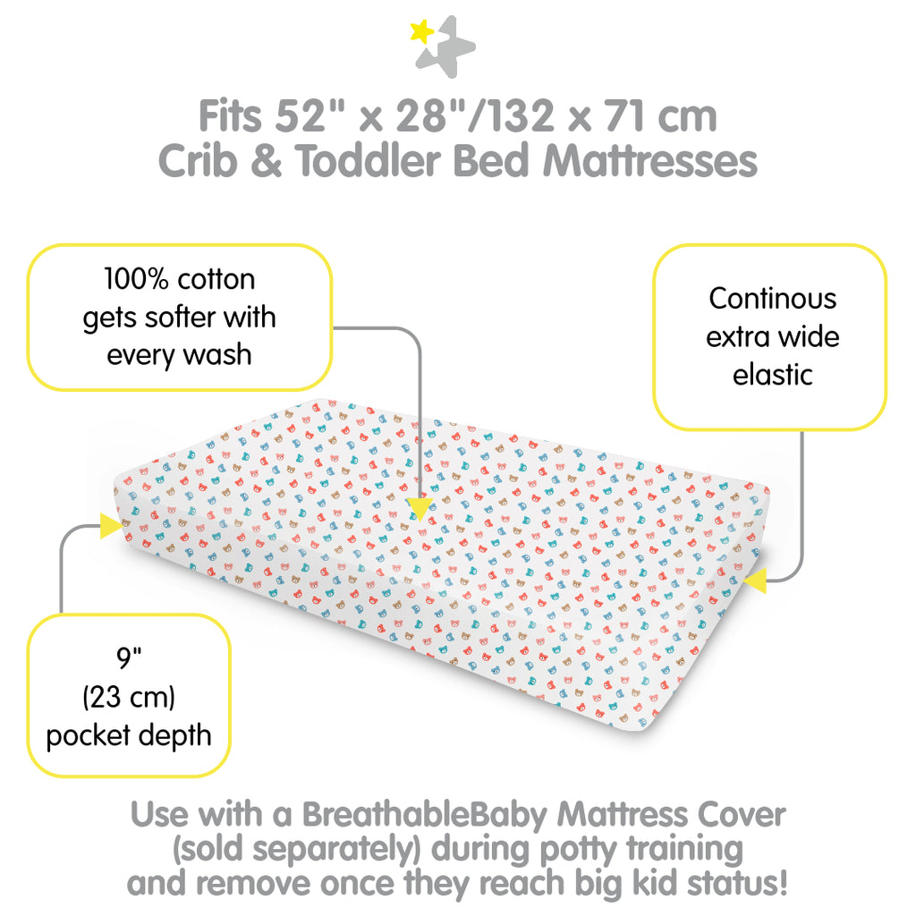Full view of BreathableBaby Cotton Percale Fitted Sheet for Crib & Toddler Bed Mattresses in Bears with Fit Description