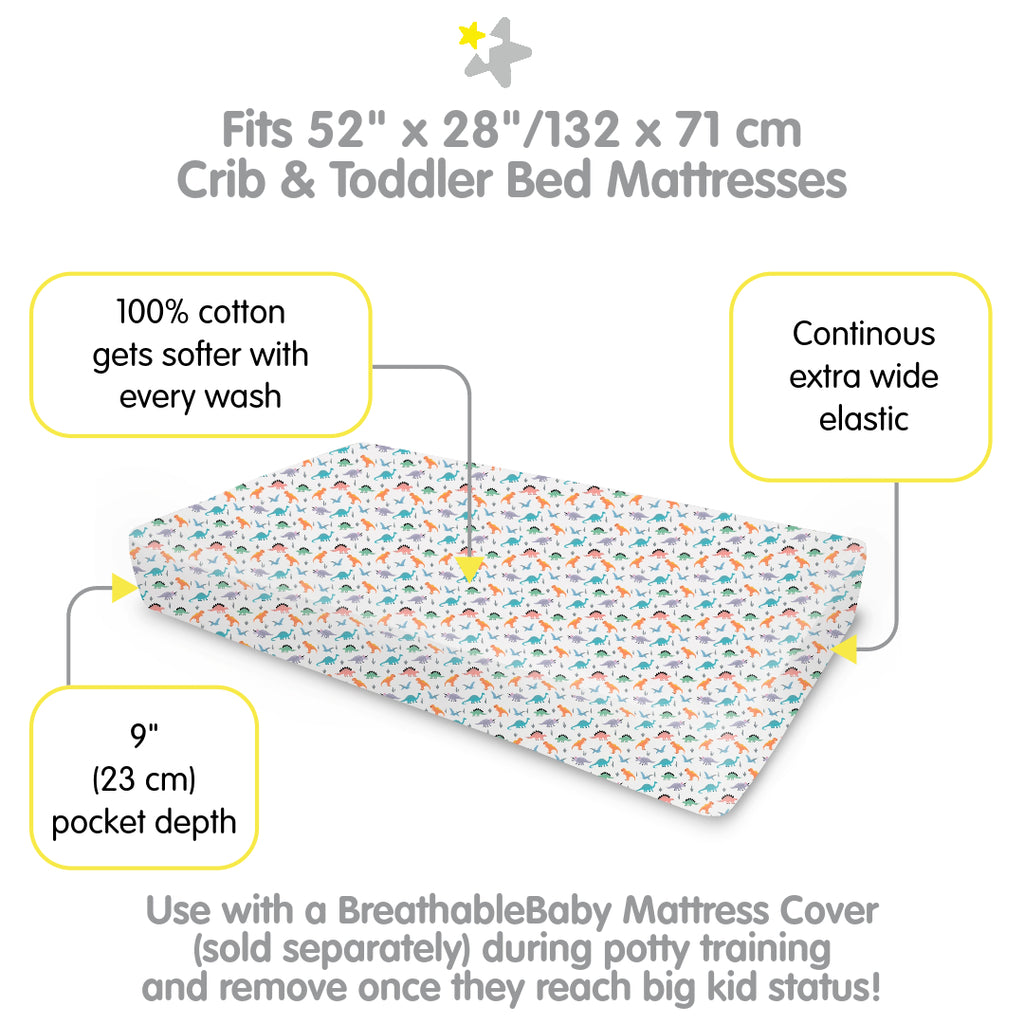 Full view of BreathableBaby Cotton Percale Fitted Sheet for Crib & Toddler Bed Mattresses in Dinosaurs