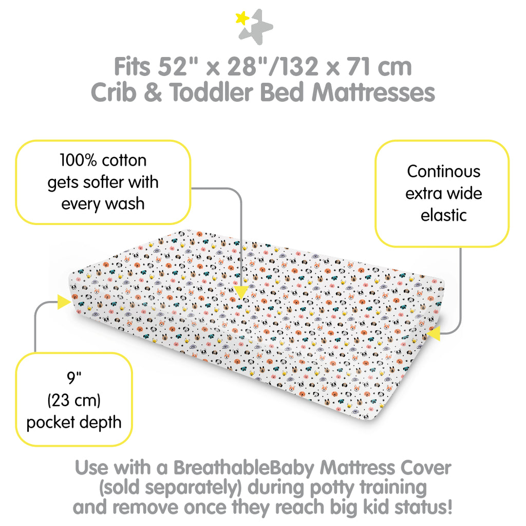 Full view of BreathableBaby Cotton Percale Fitted Sheet for Crib & Toddler Bed Mattresses in Dogs