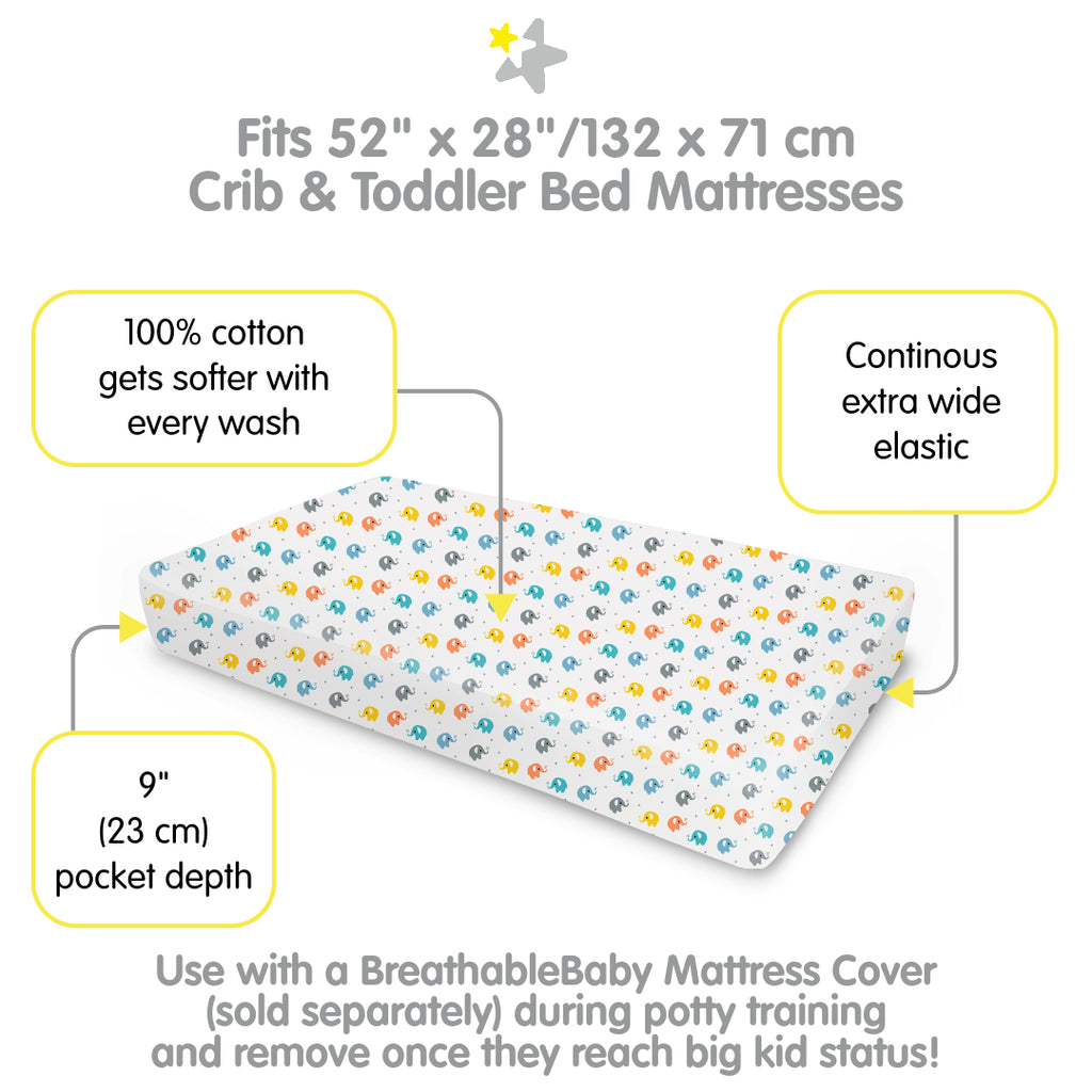 Full view of BreathableBaby Cotton Percale Fitted Sheet for Crib & Toddler Bed Mattresses in Elephants