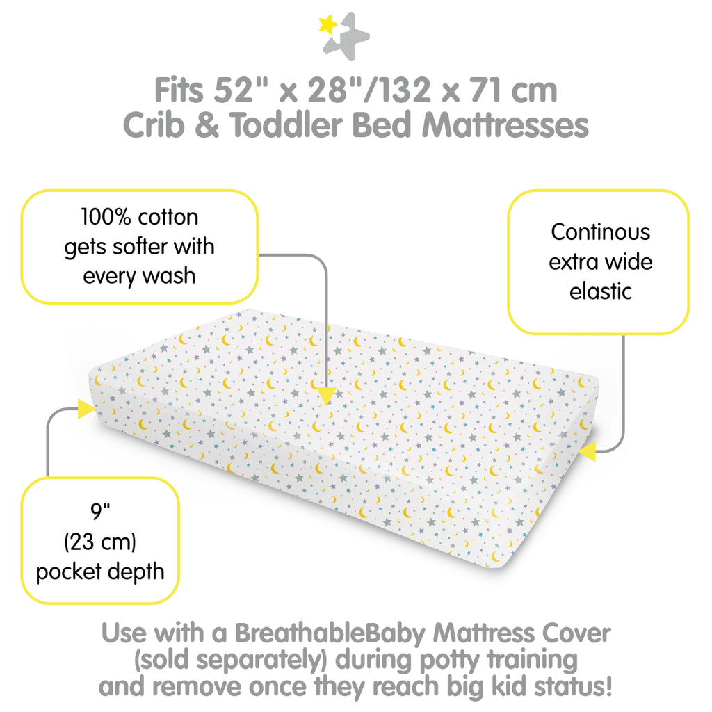 Full view of BreathableBaby Cotton Percale Fitted Sheet for Crib & Toddler Bed Mattresses in Moon & Stars