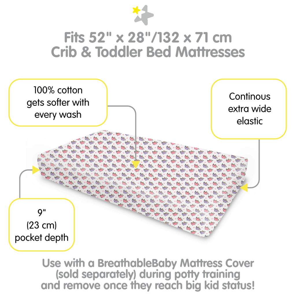 Full view of BreathableBaby Cotton Percale Fitted Sheet for Crib & Toddler Bed Mattresses in Unicorns