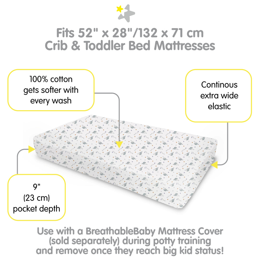 Full view of BreathableBaby Cotton Percale Fitted Sheet for Crib & Toddler Bed Mattresses in Sloths