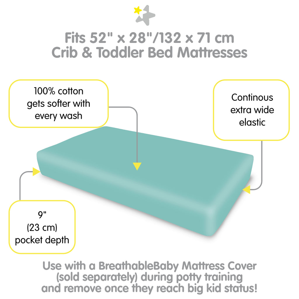 Full view of BreathableBaby Cotton Percale Fitted Sheet for Crib & Toddler Bed Mattresses in Aqua with Fit Description