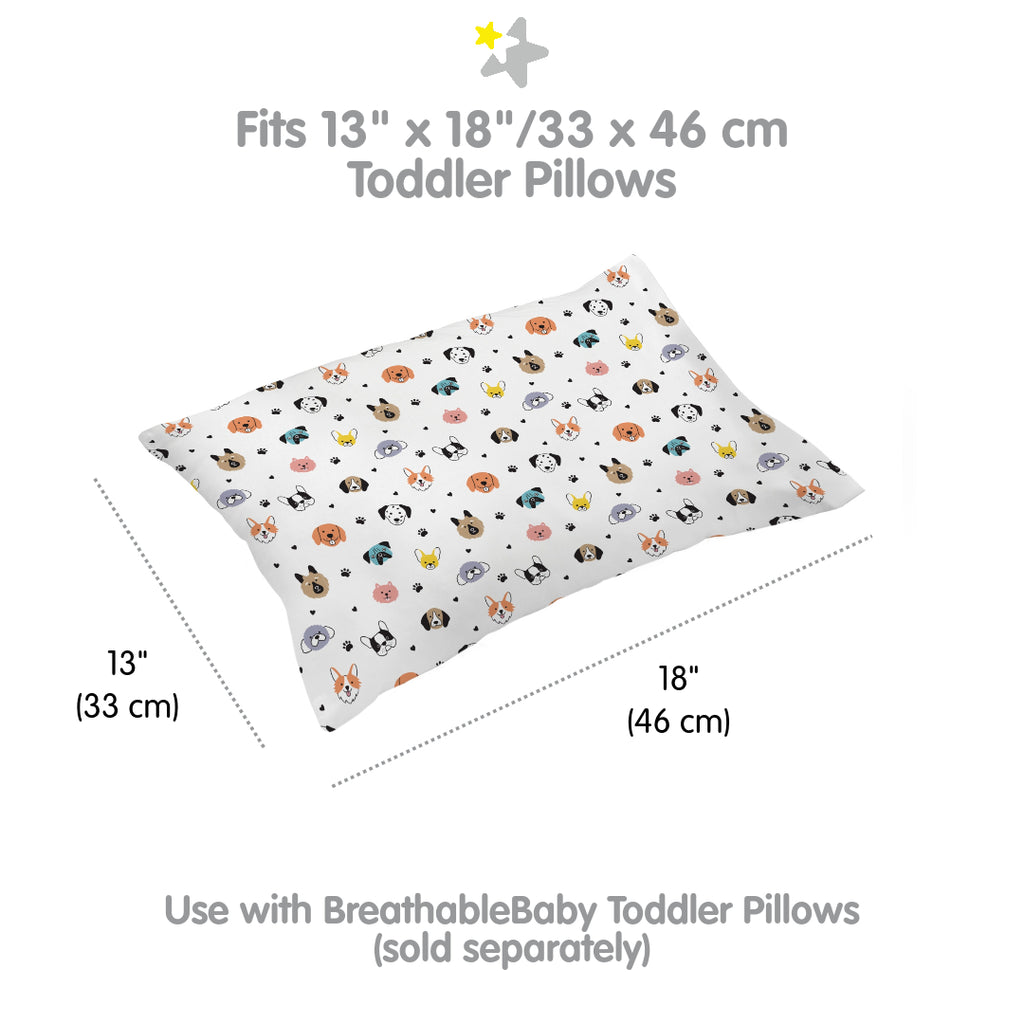 Full view and dimensions of BreathableBaby Cotton Percale Pillowcase for Toddler Pillows in Dogs