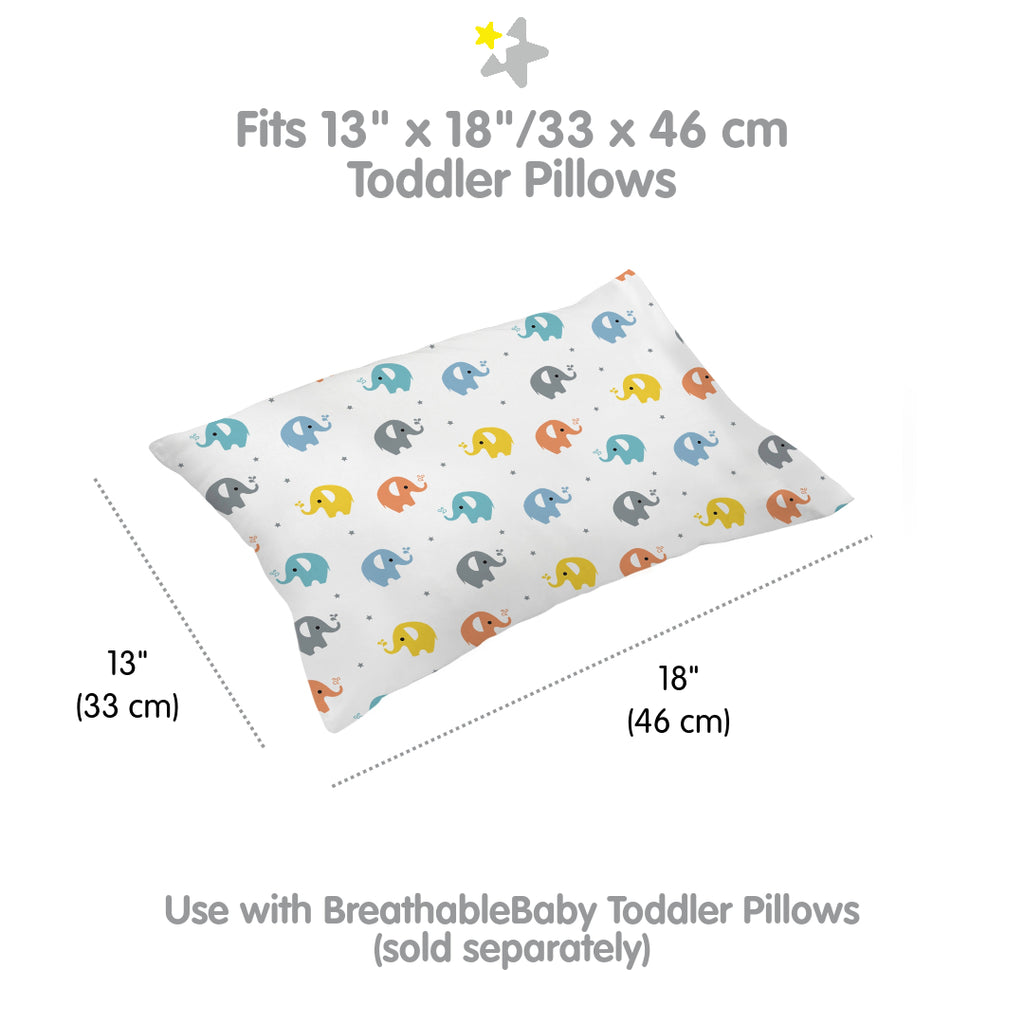 Full view and dimensions of BreathableBaby Cotton Percale Pillowcase for Toddler Pillows in Elephants