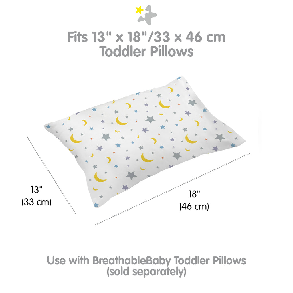Full view and dimensions of BreathableBaby Cotton Percale Pillowcase for Toddler Pillows in Moon & Stars