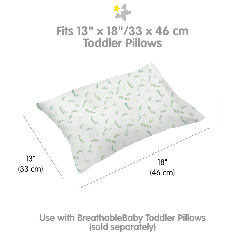 Full view and dimensions of BreathableBaby Cotton Percale Pillowcase for Toddler Pillows in Botanical
