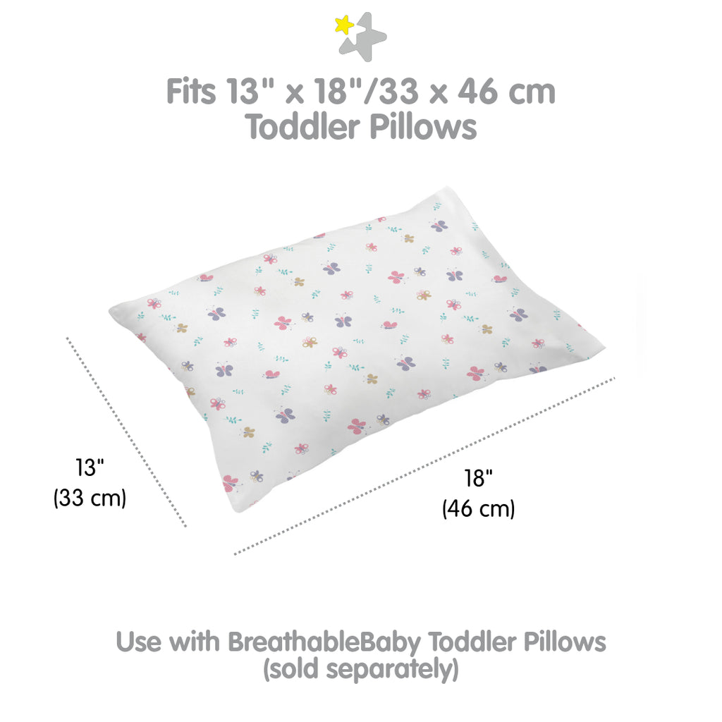 Full view and dimensions of BreathableBaby Cotton Percale Pillowcase for Toddler Pillows in Butterflies