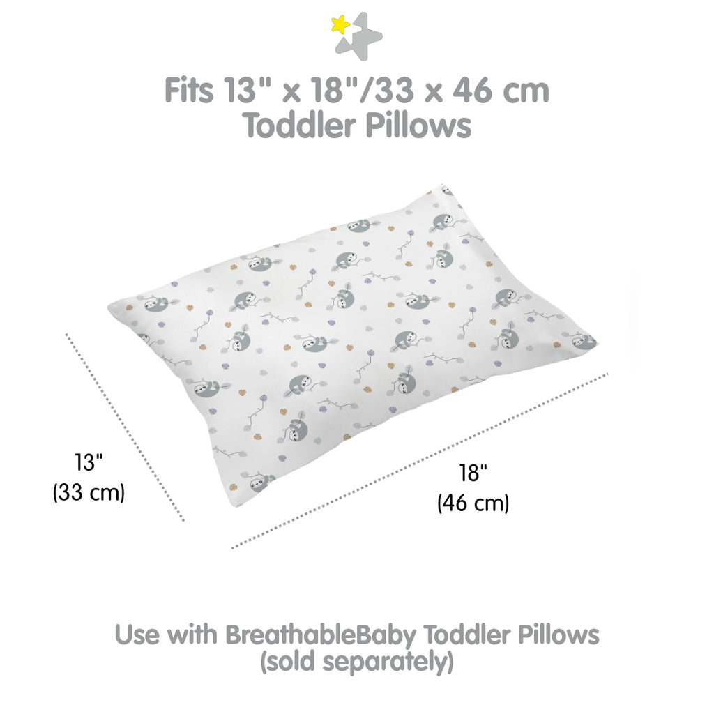 Full view and dimensions of BreathableBaby Cotton Percale Pillowcase for Toddler Pillows in Sloths