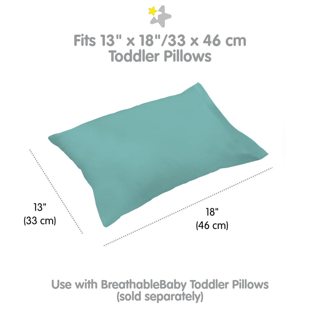 Full view and dimensions of BreathableBaby Cotton Percale Pillowcase for Toddler Pillows in Aqua