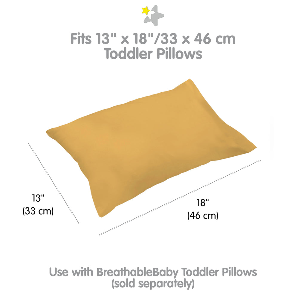 Full view and dimensions of BreathableBaby Cotton Percale Pillowcase for Toddler Pillows in Yellow