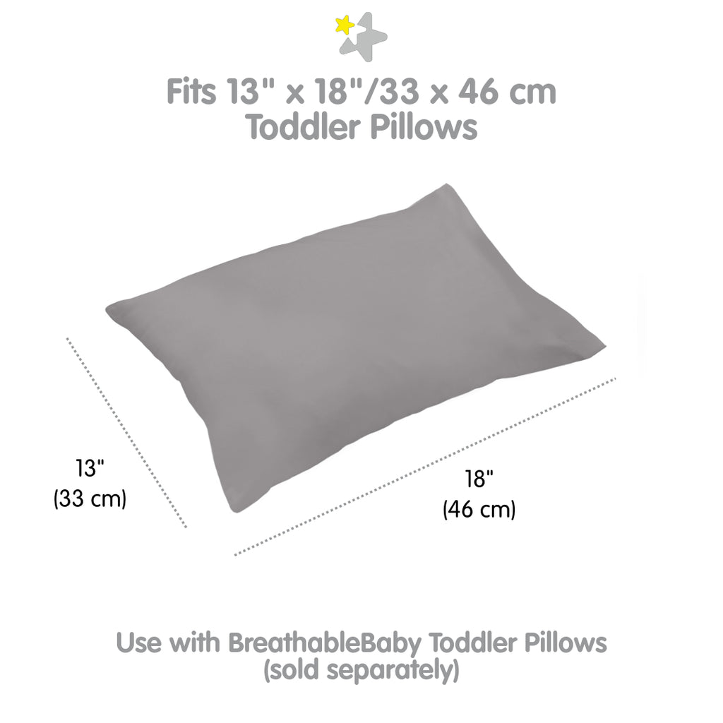 Full view and dimensions of BreathableBaby Cotton Percale Pillowcase for Toddler Pillows in Gray