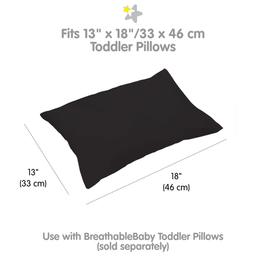 Full view and dimensions of BreathableBaby Cotton Percale Pillowcase for Toddler Pillows in Black 