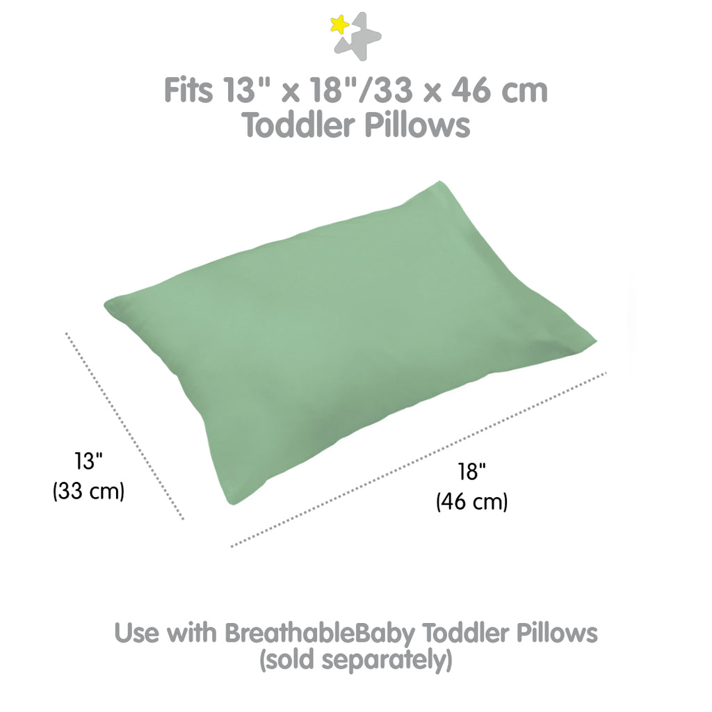 Full view and dimensions of BreathableBaby Cotton Percale Pillowcase for Toddler Pillows in Green 