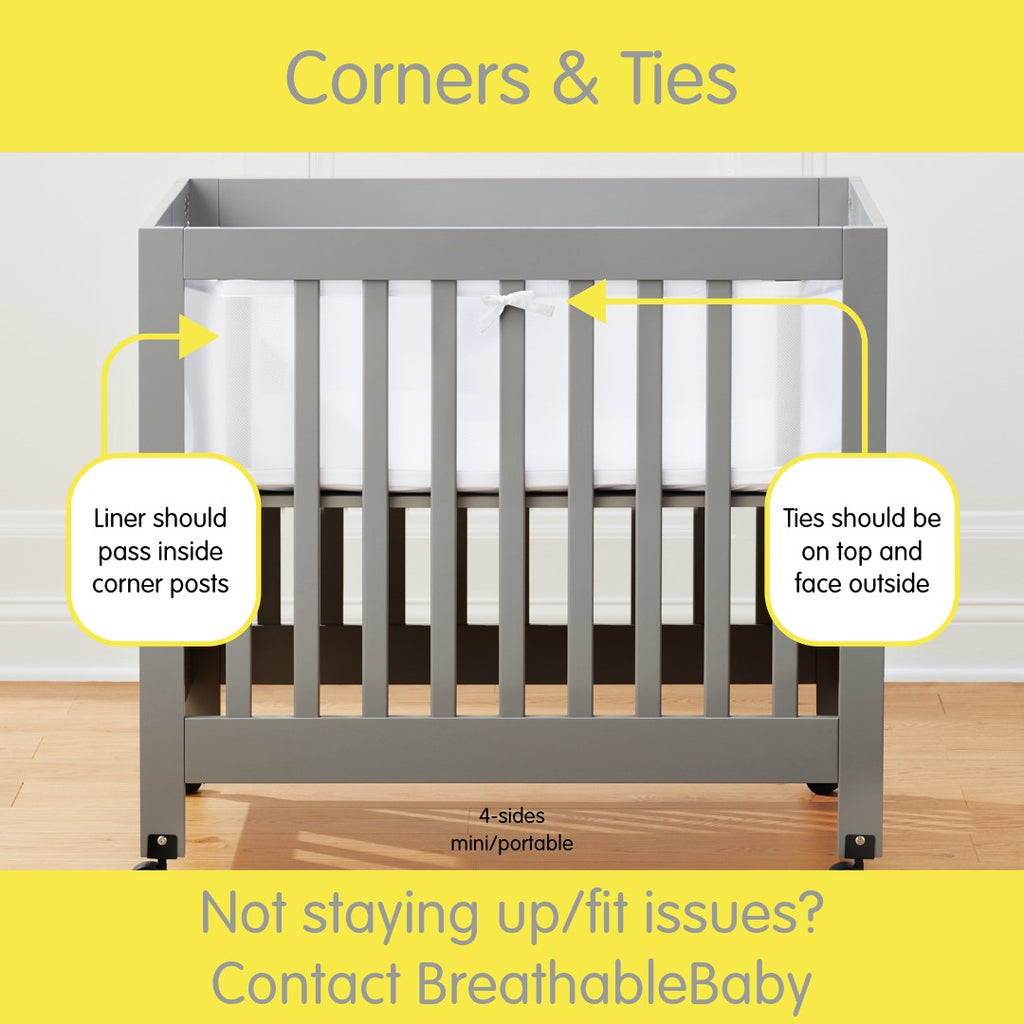 Depiction of how the BreathableBaby Breathable Mesh Crib Liner for Mini/Portable Crib’s corners and ties should be installed