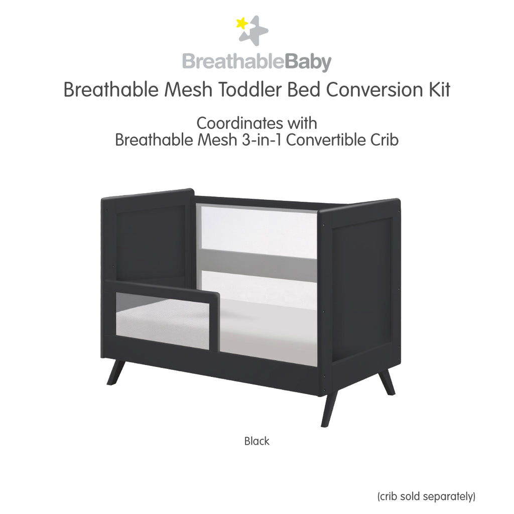 BreathableBaby Breathable Mesh Toddler Bed Conversion Kit in Black shown on converted toddler bed shown on white background