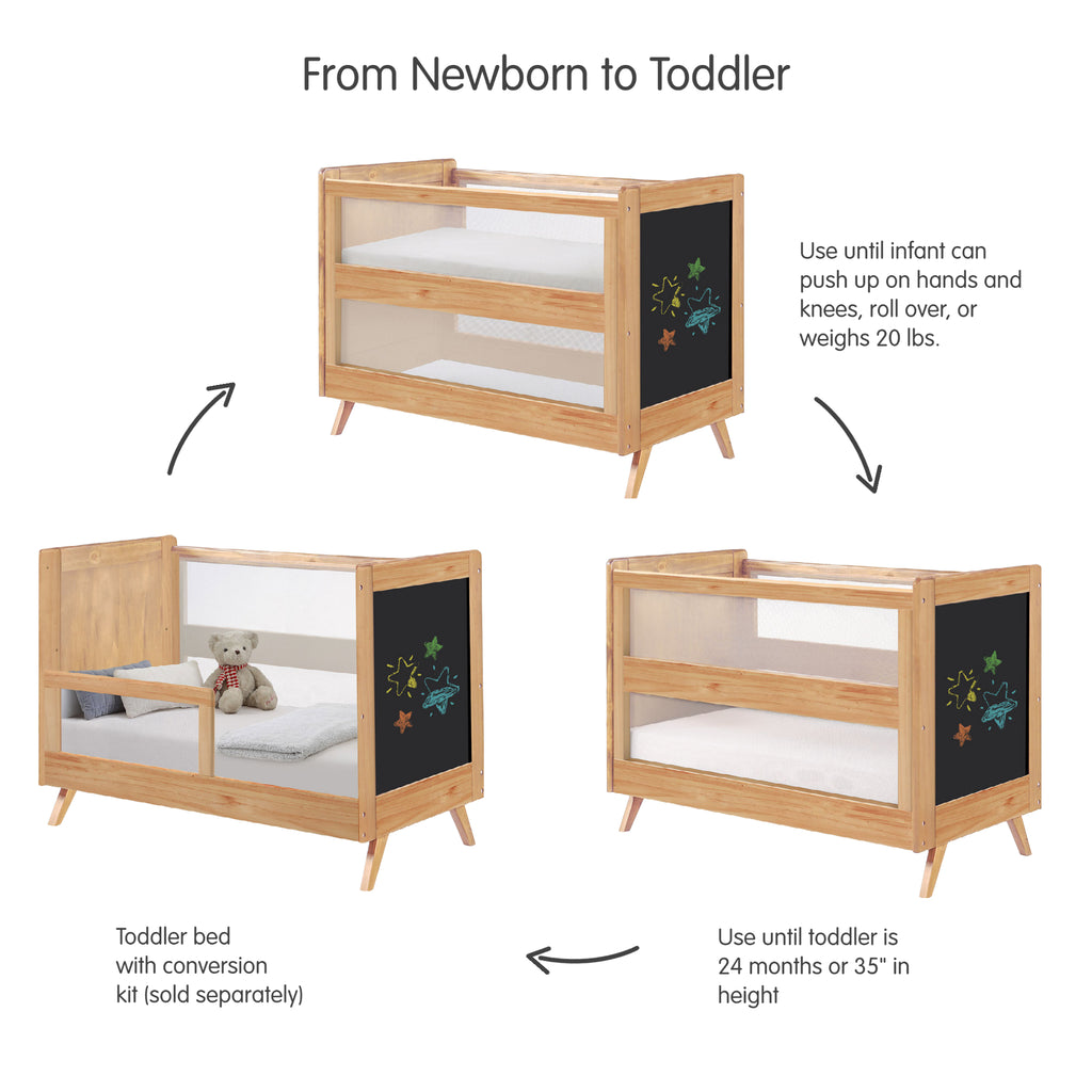 BreathableBaby Breathable Mesh 3-in-1 Convertible Crib in Beech & Chalkboard Shown with Different Mattress Height Adjustments and as a Toddler Bed
