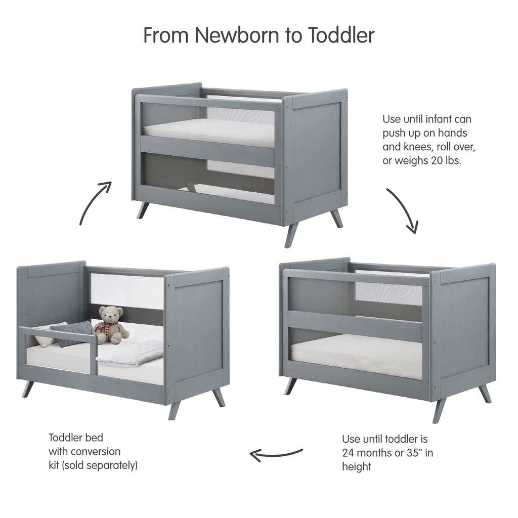 BreathableBaby Breathable Mesh 3-in-1 Convertible Crib in Gray Shown with Different Mattress Height Adjustments and as a Toddler Bed
