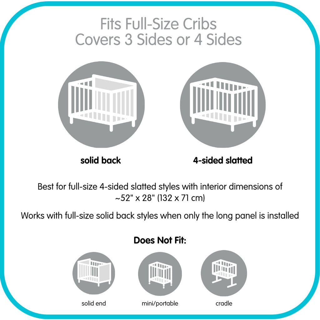 Depiction of how AirflowBaby Breathable Mesh Crib Liner fits on 3-sided solid back and 4-sided slatted full-size cribs