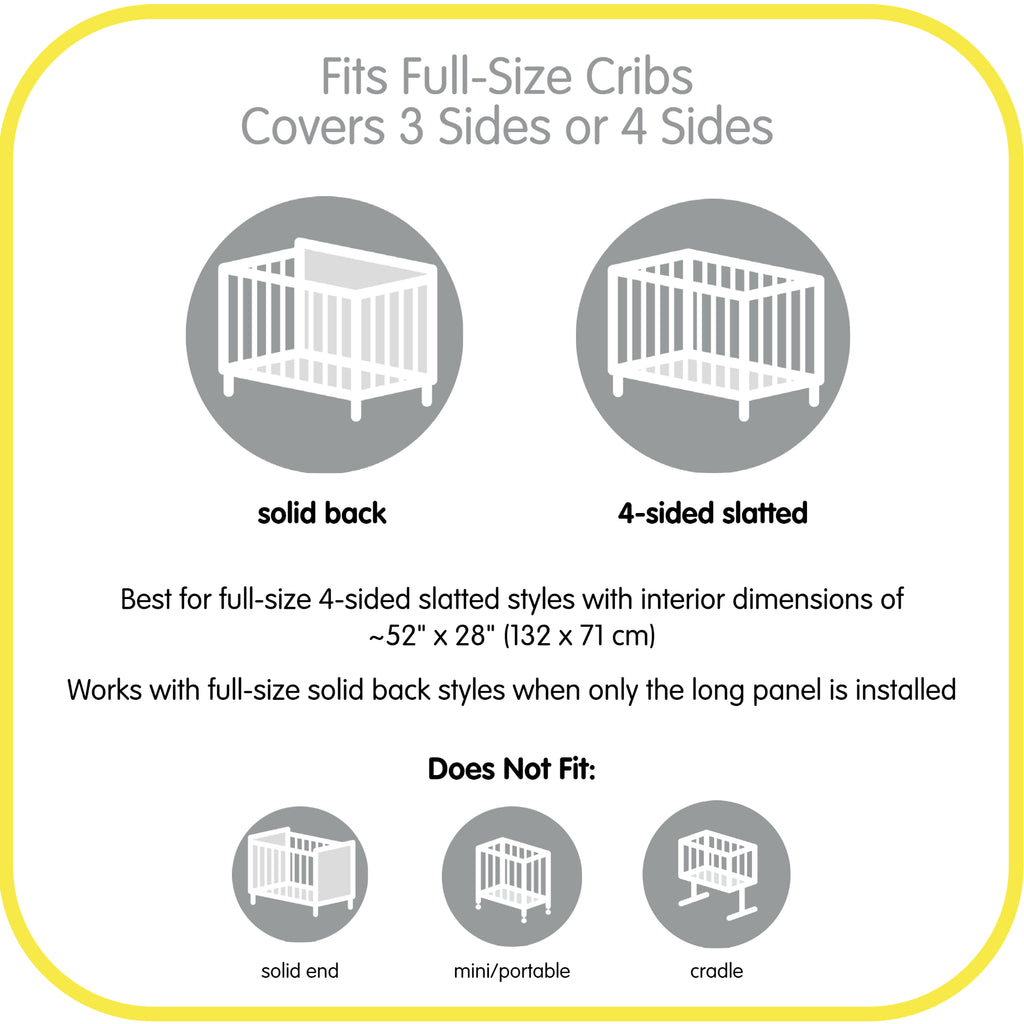 Depiction of how BreathableBaby Breathable Mesh Crib Liner fits on 3-sided solid back and 4-sided slatted full-size cribs