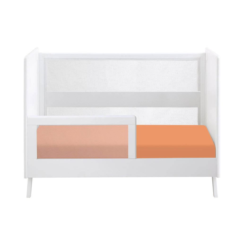 BreathableBaby Cotton Percale Fitted Sheet for Crib & Toddler Bed Mattresses in Orange Shown on Toddler Bed Mattress