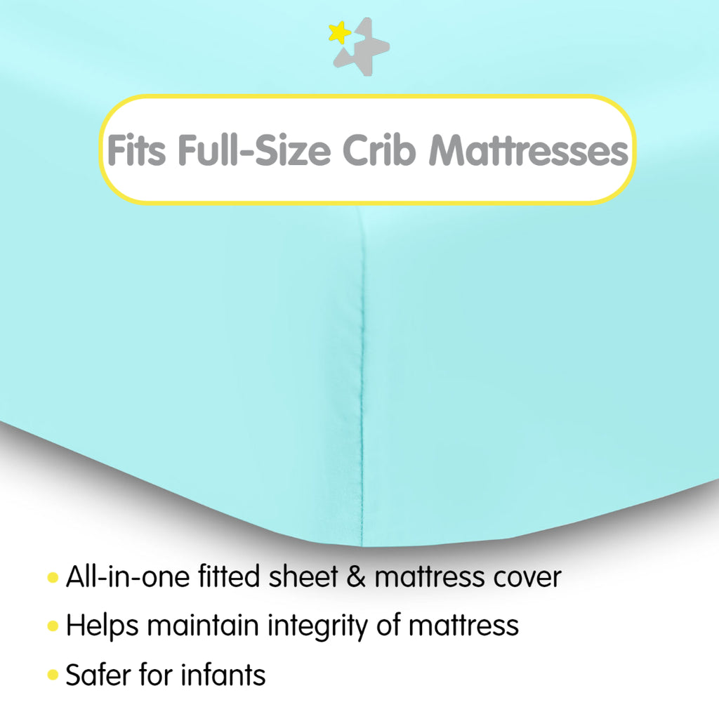 Fit Description for BreathableBaby All-in-One Fitted Sheet & Waterproof Cover for Crib Mattresses in Blue Green Aqua