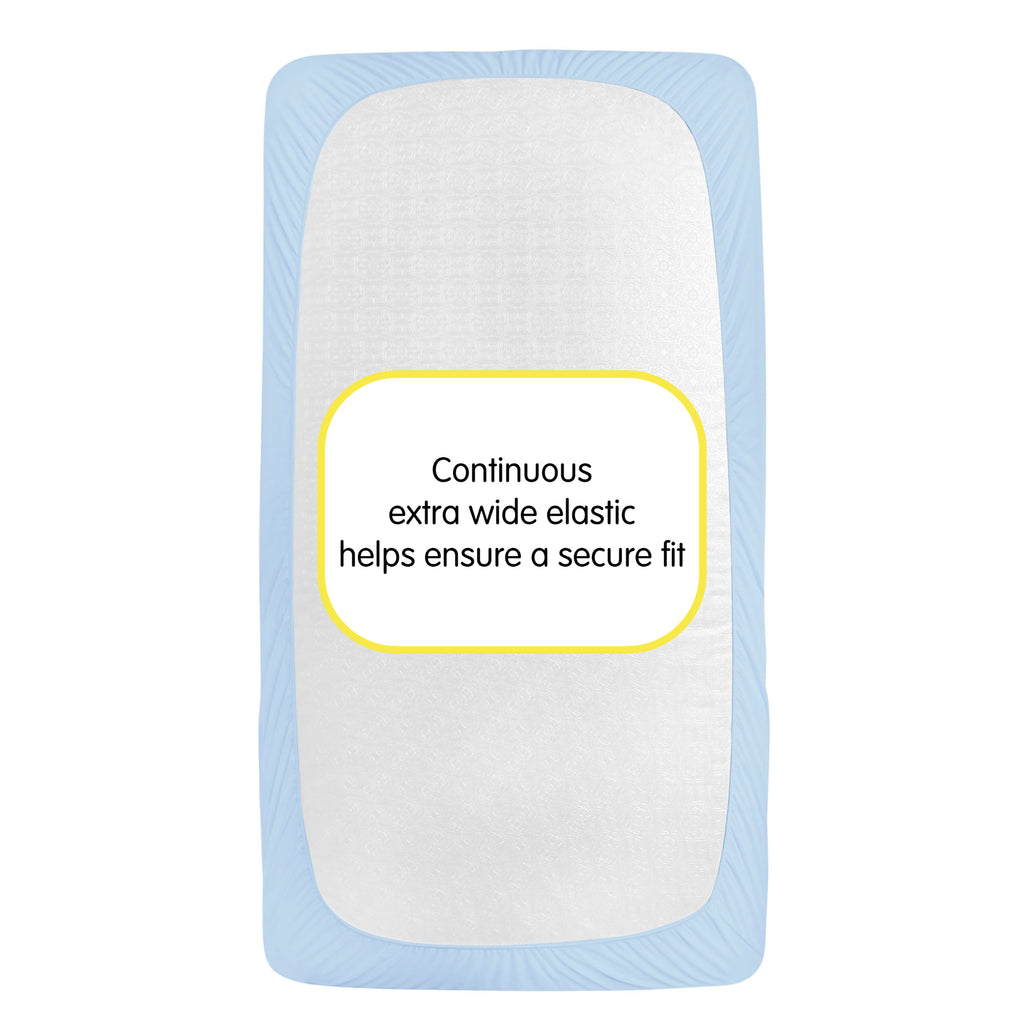 Back view of BreathableBaby All-in-One Fitted Sheet & Waterproof Cover for Crib Mattresses in Light Blue