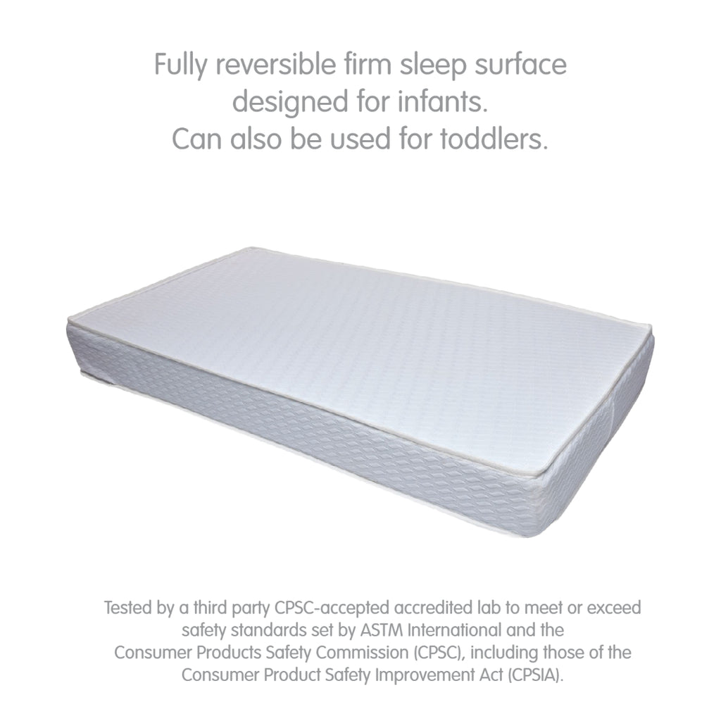 BreathableBaby EcoCore 200 Mattress Shown Horizontally with Description of Sleep Surface and Safety Testing