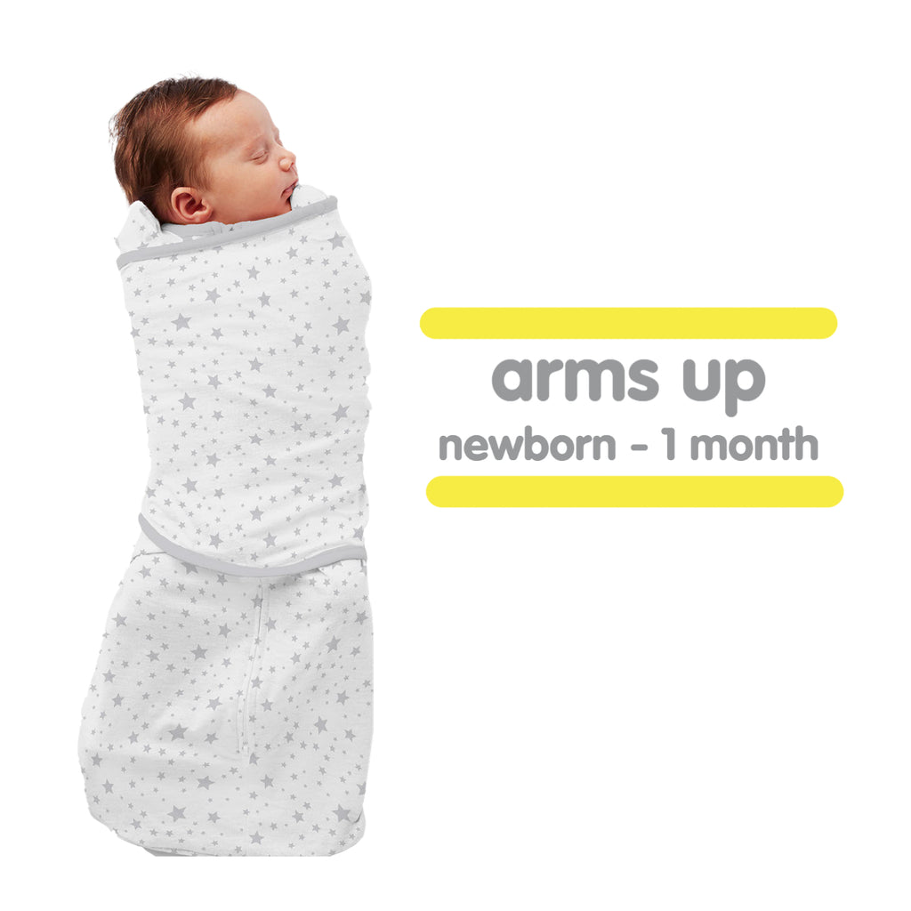 Infant wearing BreathableBaby Swaddle Trio, Swaddled with Arms Up