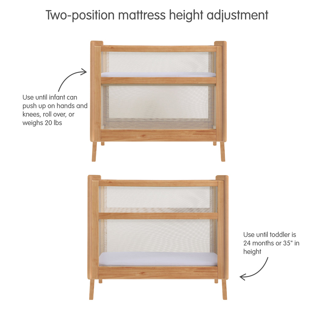 BreathableBaby Breathable Mesh 2-in-1 Mini Crib in Beech Shown with Different Mattress Height Adjustments