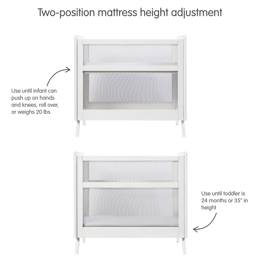 BreathableBaby Breathable Mesh 2-in-1 Mini Crib in White Shown with Different Mattress Height Adjustments