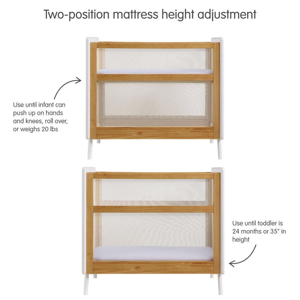 BreathableBaby Breathable Mesh 2-in-1 Mini Crib in Beech & White Shown with Different Mattress Height Adjustments