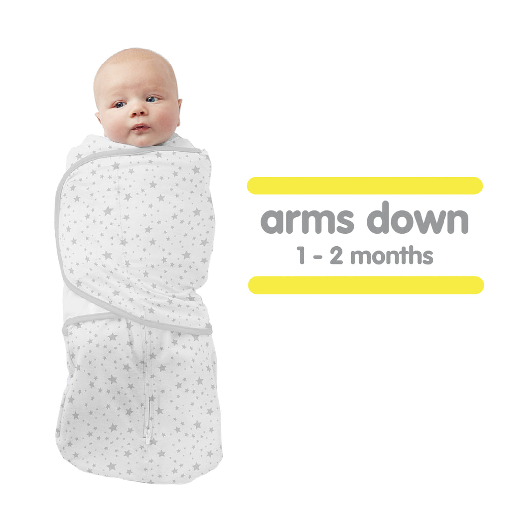 Infant wearing BreathableBaby Swaddle Trio, Swaddled with Arms Down
